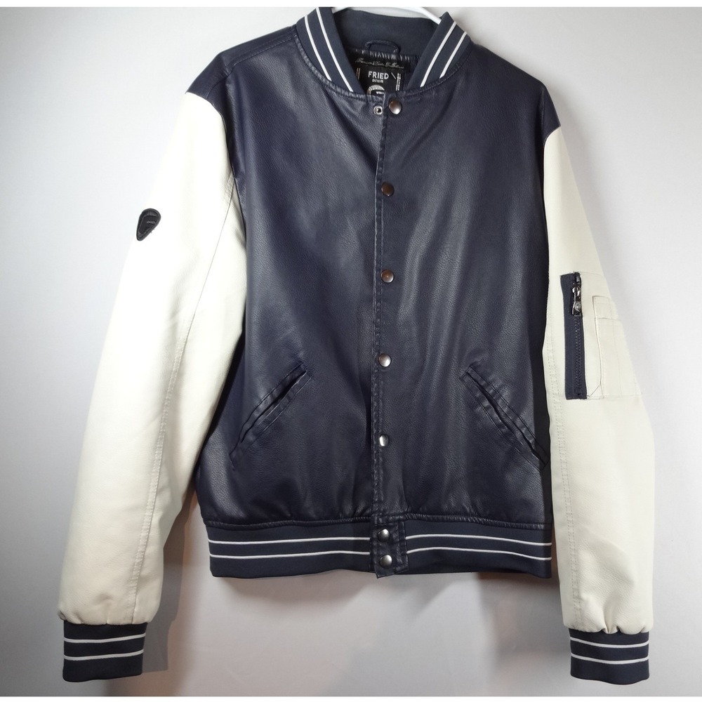 Fried Denim Varsity Bomber Jacket Men L Navy Blue Faux Leather Collegiate Street